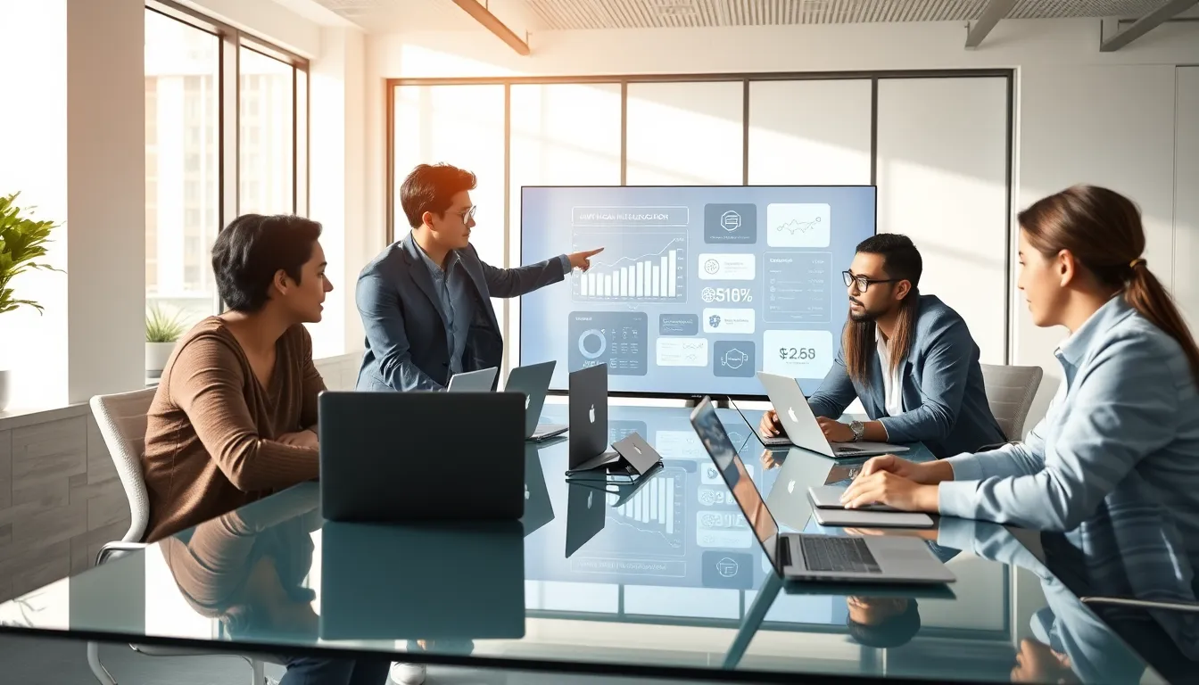 diverse team collaborating on AI app development in a modern office.