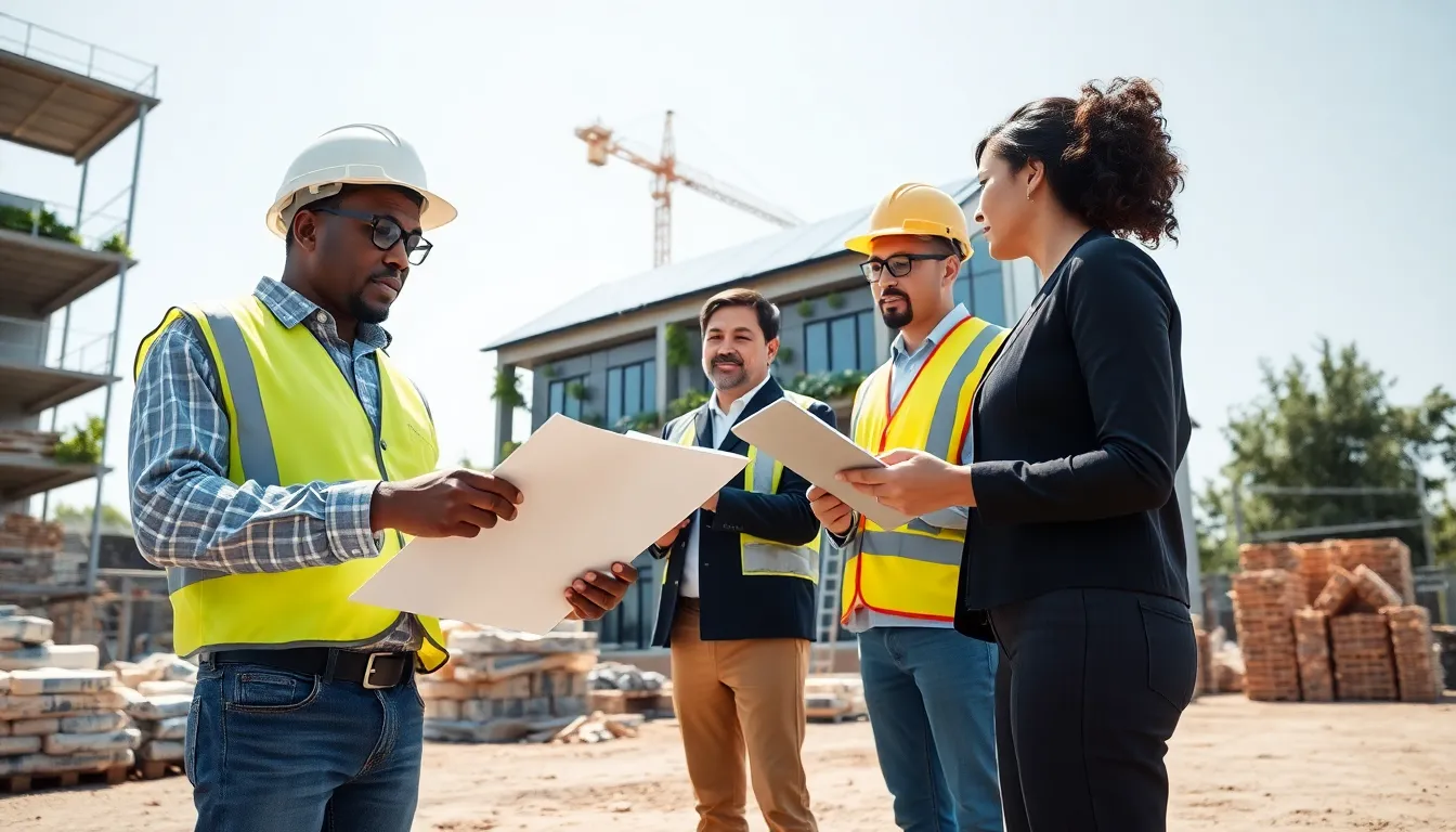 diverse team reviewing sustainable construction plans on an eco-friendly site.