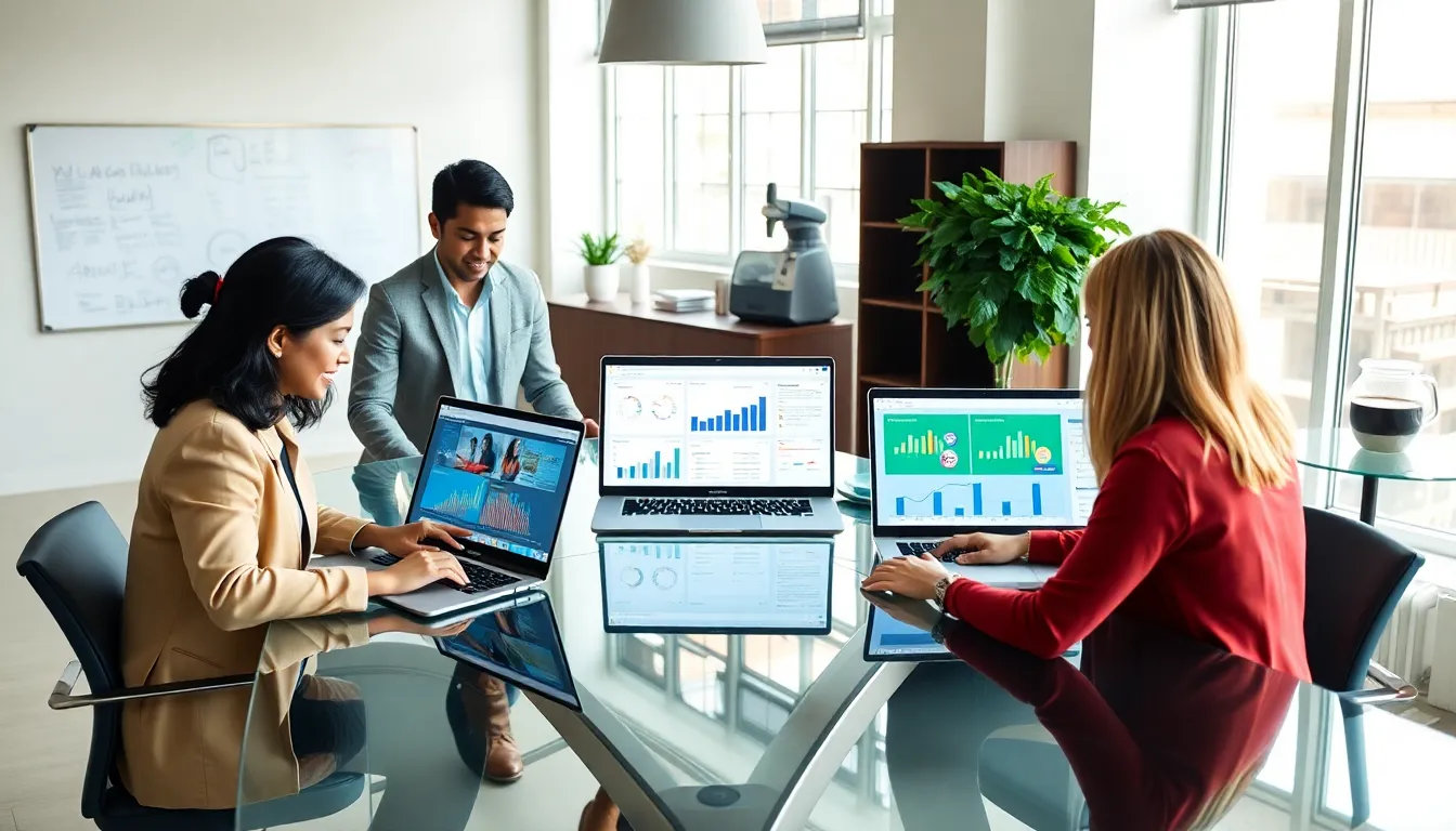 diverse team collaborating using SaaS CRM software in a modern office.