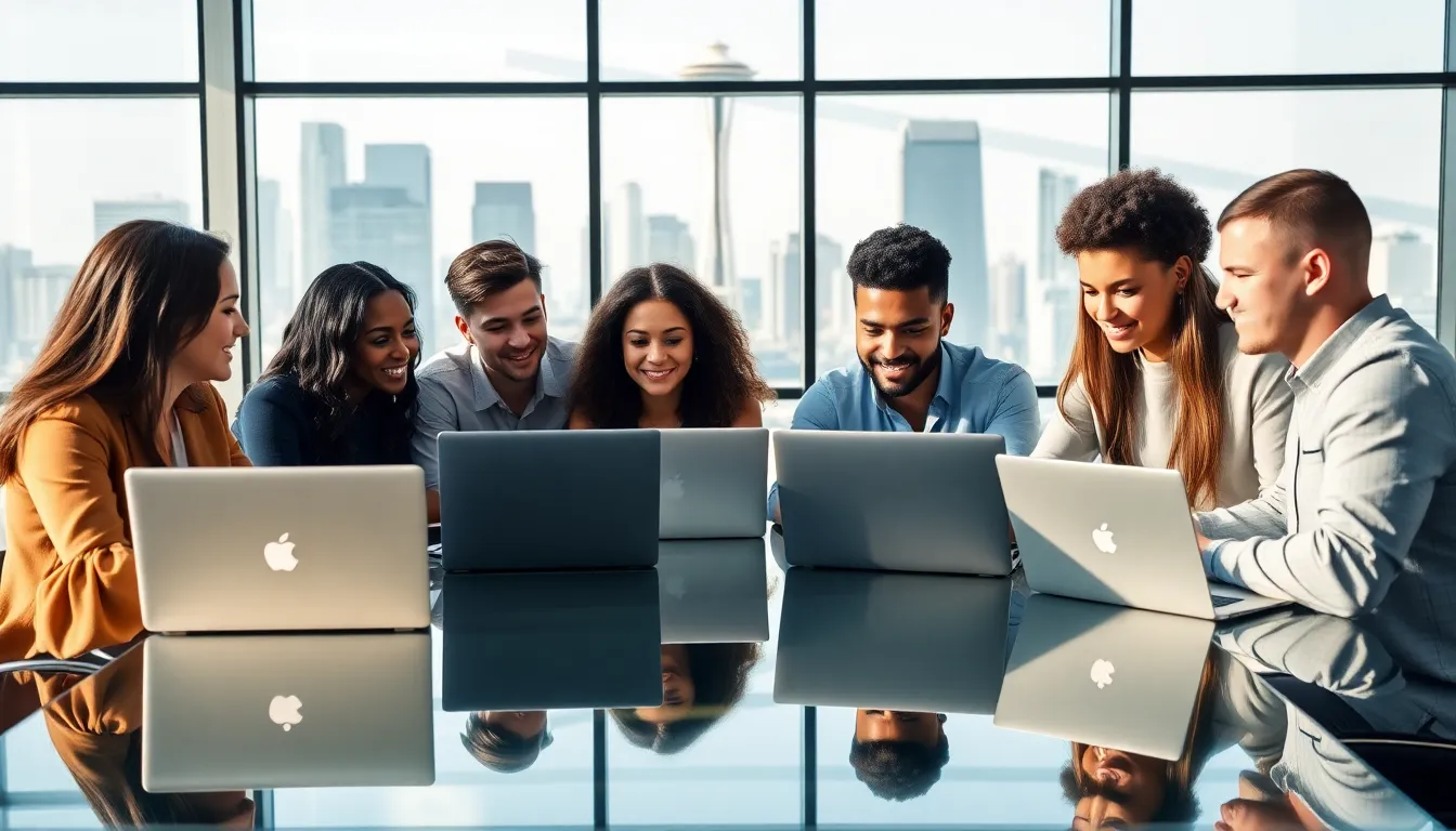diverse professionals collaborating on SaaS solutions in a modern Seattle office.