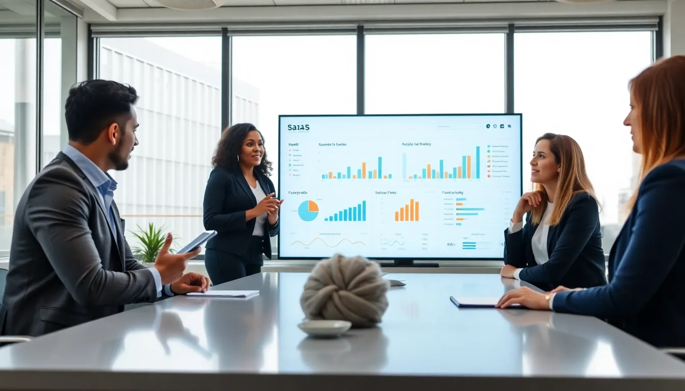 diverse professionals collaborating on SaaS metrics in a modern office.