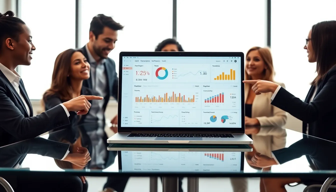 diverse team collaborating over a SaaS dashboard in a modern office.