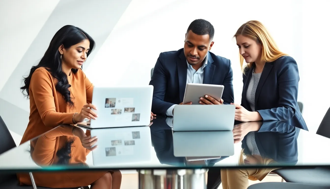 diverse team collaborating on low code software in a modern office.