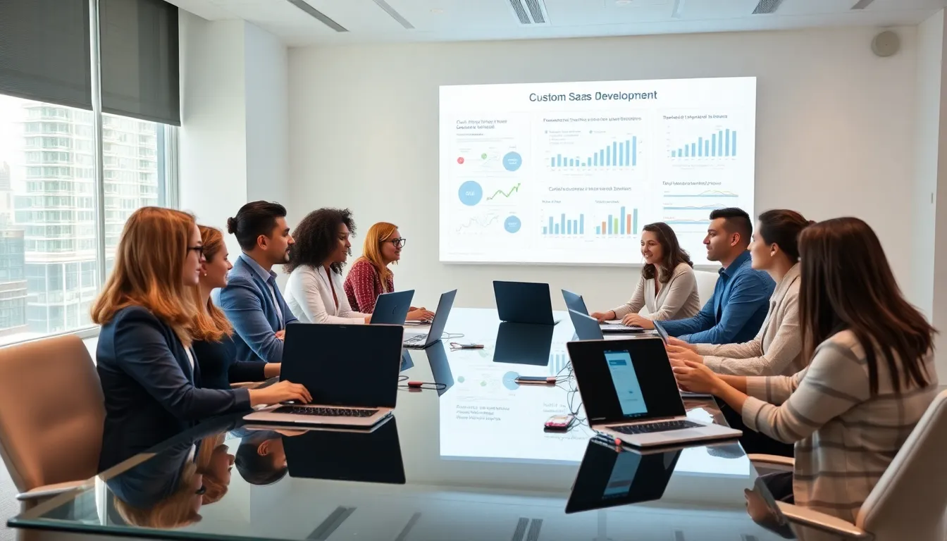 diverse team discussing custom SaaS development in a modern office.
